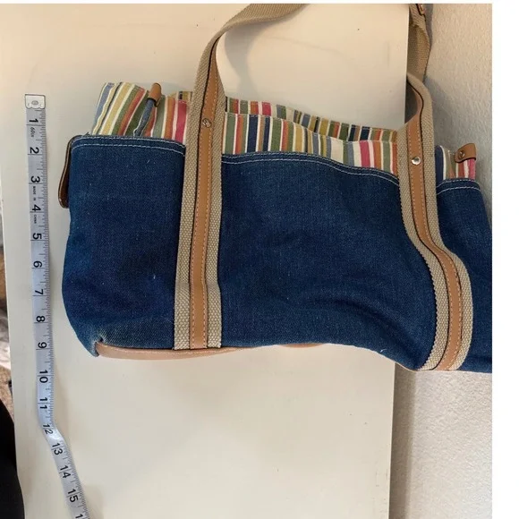 Rosetti 2000s Denim Tote Bag Blue Cotton Striped Canvas Shoulder Bag Vinyl Trim - Picture 9 of 9